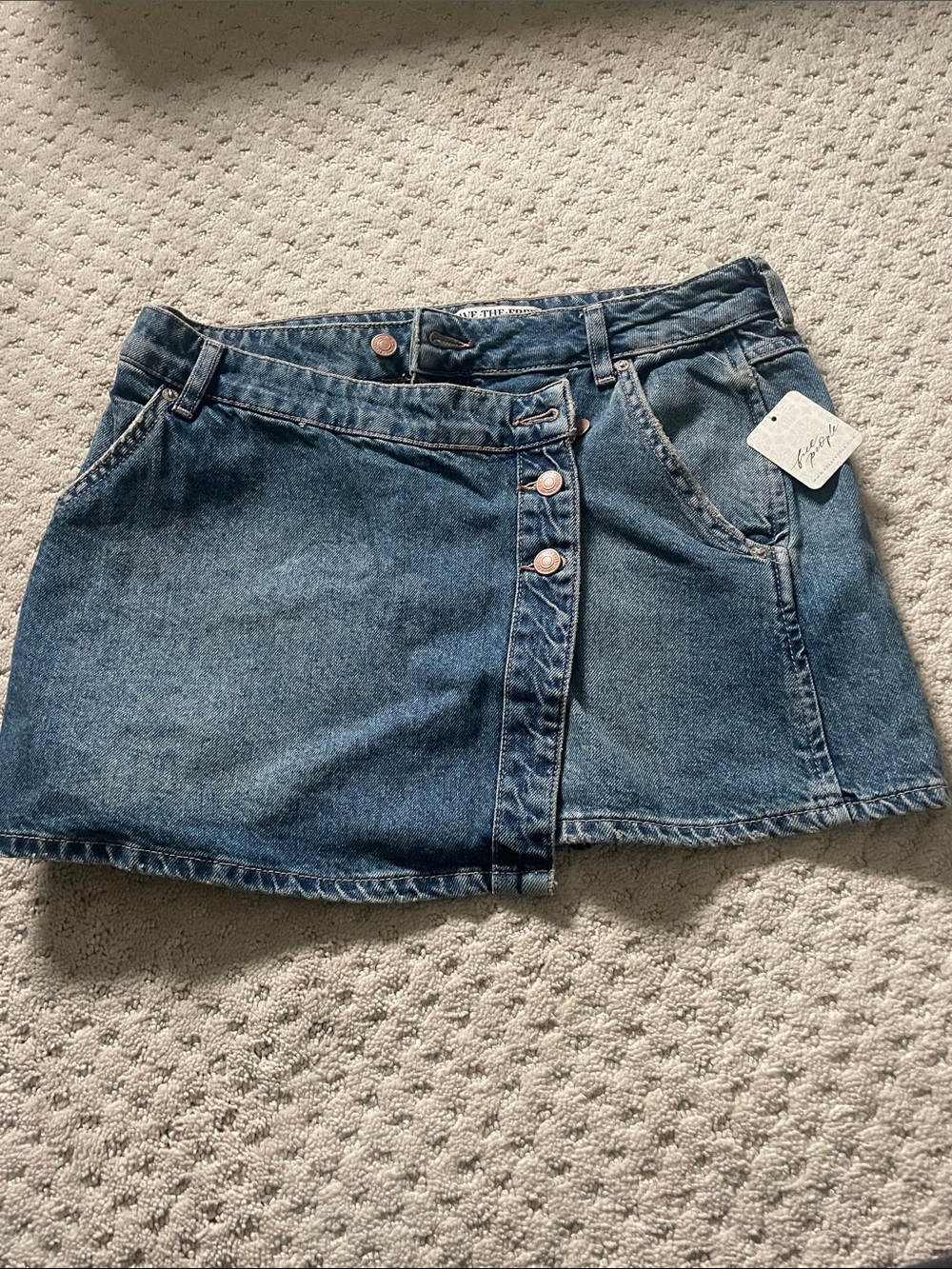 Free People Indigo Denim Asymmetric Button Mini Skirt